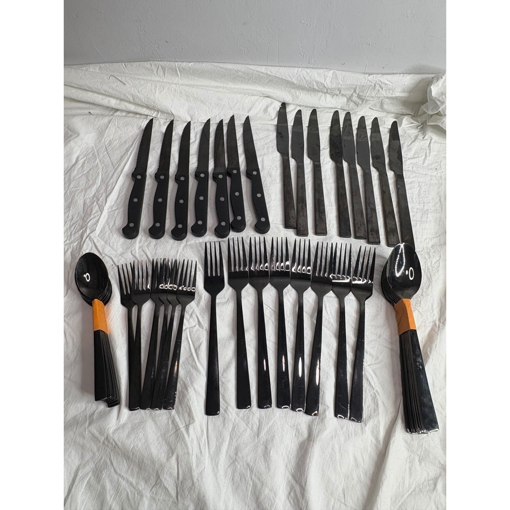 Black Silverware Set 46 Piece Flatware Utensils Knives Forks Spoons Dining